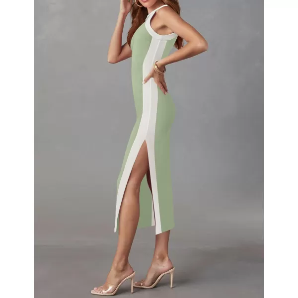 imageZESICA Womens Summer Bodycon Midi Dress Crew Neck Sleeveless Side Slit Slim Sexy Knit Tank DressesGreen