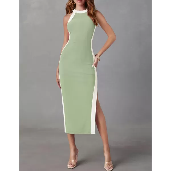 imageZESICA Womens Summer Bodycon Midi Dress Crew Neck Sleeveless Side Slit Slim Sexy Knit Tank DressesGreen
