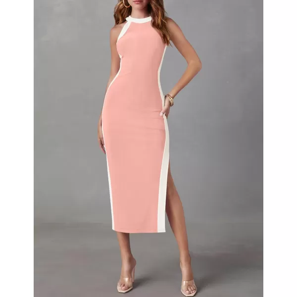 imageZESICA Womens Summer Bodycon Midi Dress Crew Neck Sleeveless Side Slit Slim Sexy Knit Tank DressesPink
