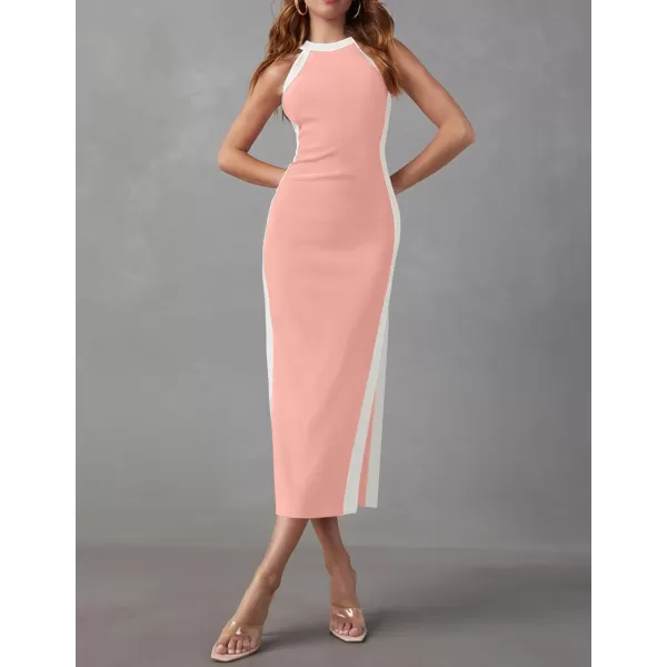 imageZESICA Womens Summer Bodycon Midi Dress Crew Neck Sleeveless Side Slit Slim Sexy Knit Tank DressesPink
