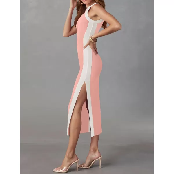 imageZESICA Womens Summer Bodycon Midi Dress Crew Neck Sleeveless Side Slit Slim Sexy Knit Tank DressesPink
