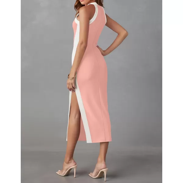 imageZESICA Womens Summer Bodycon Midi Dress Crew Neck Sleeveless Side Slit Slim Sexy Knit Tank DressesPink