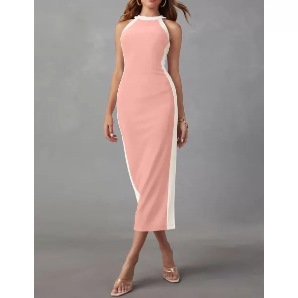 imageZESICA Womens Summer Bodycon Midi Dress Crew Neck Sleeveless Side Slit Slim Sexy Knit Tank DressesPink