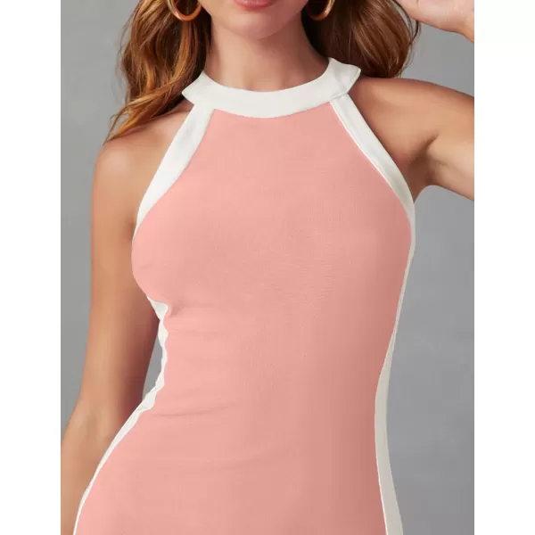 imageZESICA Womens Summer Bodycon Midi Dress Crew Neck Sleeveless Side Slit Slim Sexy Knit Tank DressesPink