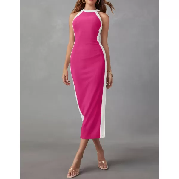imageZESICA Womens Summer Bodycon Midi Dress Crew Neck Sleeveless Side Slit Slim Sexy Knit Tank DressesRose