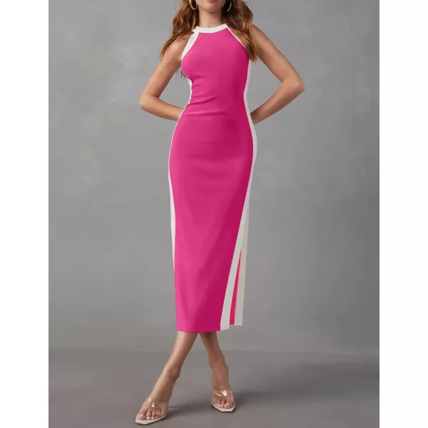 imageZESICA Womens Summer Bodycon Midi Dress Crew Neck Sleeveless Side Slit Slim Sexy Knit Tank DressesRose