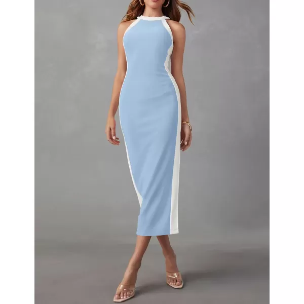 imageZESICA Womens Summer Bodycon Midi Dress Crew Neck Sleeveless Side Slit Slim Sexy Knit Tank DressesSky
