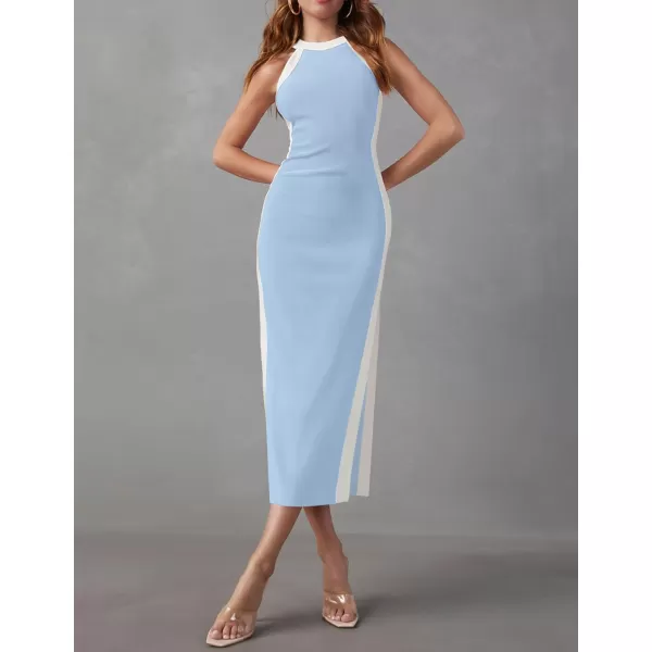 imageZESICA Womens Summer Bodycon Midi Dress Crew Neck Sleeveless Side Slit Slim Sexy Knit Tank DressesSky