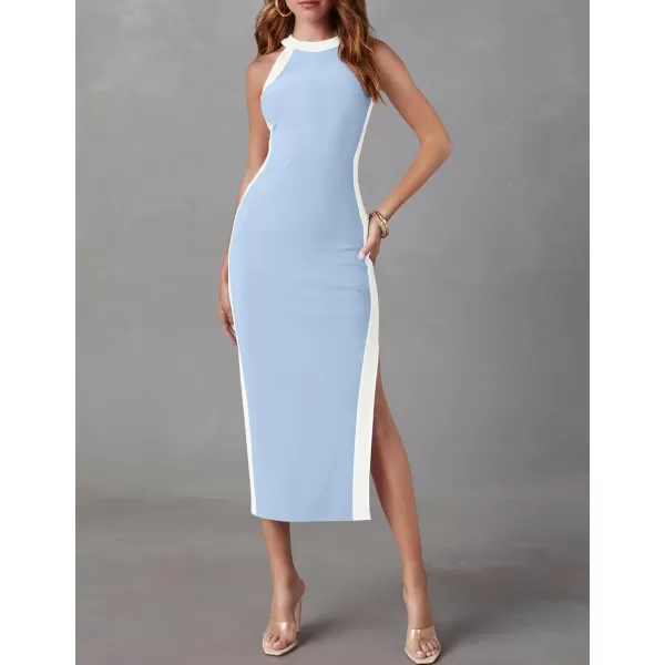 imageZESICA Womens Summer Bodycon Midi Dress Crew Neck Sleeveless Side Slit Slim Sexy Knit Tank DressesSky