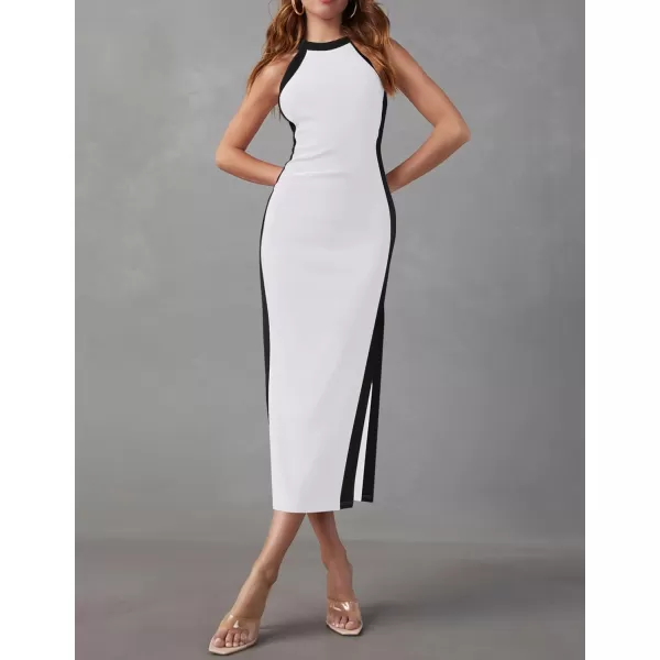 imageZESICA Womens Summer Bodycon Midi Dress Crew Neck Sleeveless Side Slit Slim Sexy Knit Tank DressesWhite