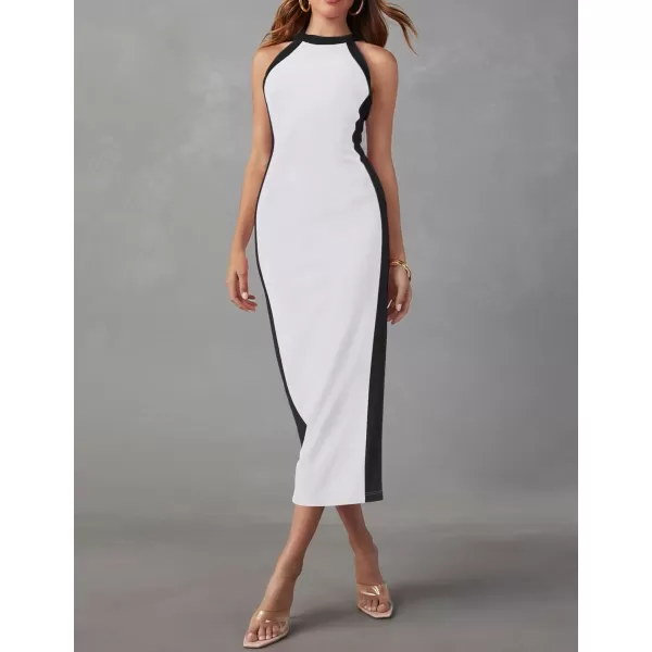imageZESICA Womens Summer Bodycon Midi Dress Crew Neck Sleeveless Side Slit Slim Sexy Knit Tank DressesWhite