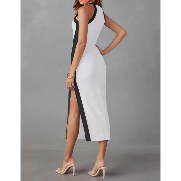 imageZESICA Womens Summer Bodycon Midi Dress Crew Neck Sleeveless Side Slit Slim Sexy Knit Tank DressesWhite