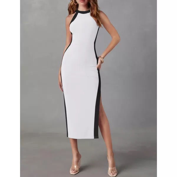 imageZESICA Womens Summer Bodycon Midi Dress Crew Neck Sleeveless Side Slit Slim Sexy Knit Tank DressesWhite