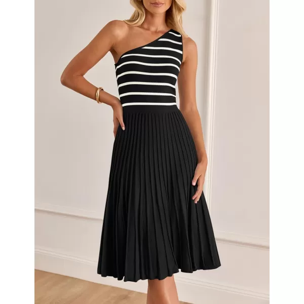 imageZESICA Womens Summer Casual One Shoulder Midi Dresses 2024 Spring Sleeveless Striped Knit Pleated A Line Flowy Long DressBlack