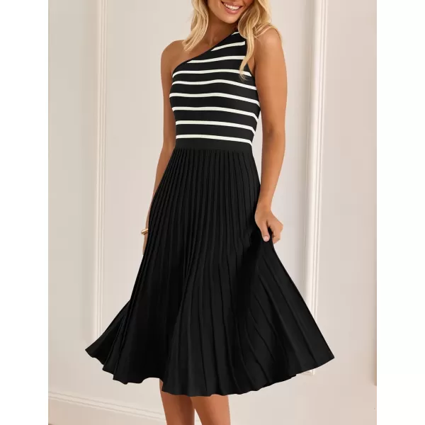 imageZESICA Womens Summer Casual One Shoulder Midi Dresses 2024 Spring Sleeveless Striped Knit Pleated A Line Flowy Long DressBlack