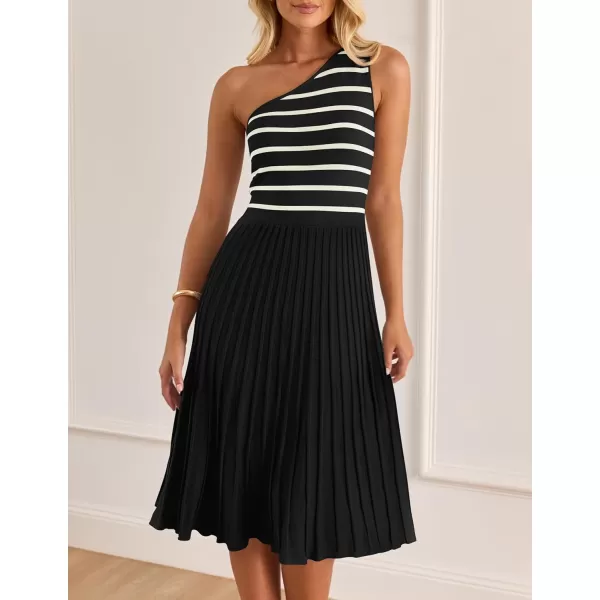 imageZESICA Womens Summer Casual One Shoulder Midi Dresses 2024 Spring Sleeveless Striped Knit Pleated A Line Flowy Long DressBlack