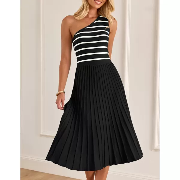 imageZESICA Womens Summer Casual One Shoulder Midi Dresses 2024 Spring Sleeveless Striped Knit Pleated A Line Flowy Long DressBlack