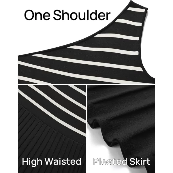 imageZESICA Womens Summer Casual One Shoulder Midi Dresses 2024 Spring Sleeveless Striped Knit Pleated A Line Flowy Long DressBlack
