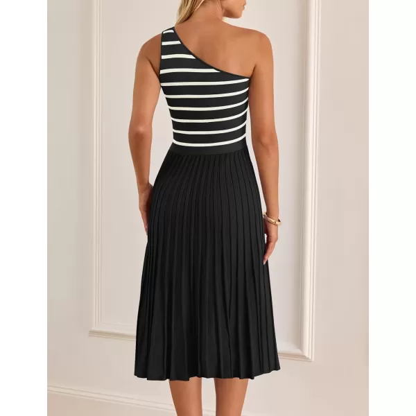 imageZESICA Womens Summer Casual One Shoulder Midi Dresses 2024 Spring Sleeveless Striped Knit Pleated A Line Flowy Long DressBlack