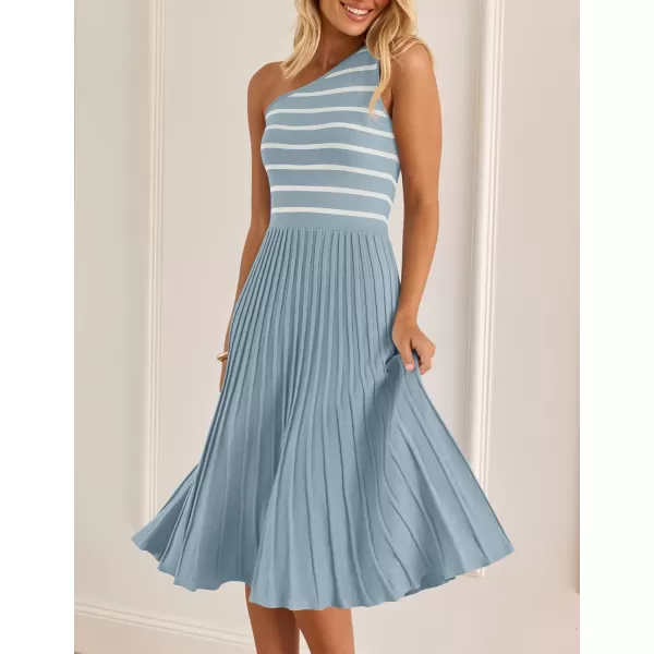 imageZESICA Womens Summer Casual One Shoulder Midi Dresses 2024 Spring Sleeveless Striped Knit Pleated A Line Flowy Long DressBlue