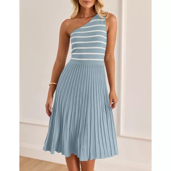 imageZESICA Womens Summer Casual One Shoulder Midi Dresses 2024 Spring Sleeveless Striped Knit Pleated A Line Flowy Long DressBlue