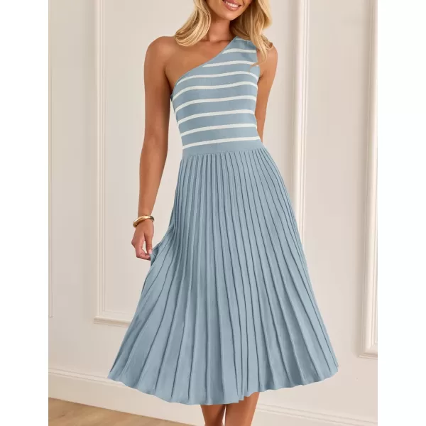 imageZESICA Womens Summer Casual One Shoulder Midi Dresses 2024 Spring Sleeveless Striped Knit Pleated A Line Flowy Long DressBlue