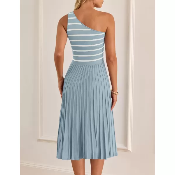 imageZESICA Womens Summer Casual One Shoulder Midi Dresses 2024 Spring Sleeveless Striped Knit Pleated A Line Flowy Long DressBlue