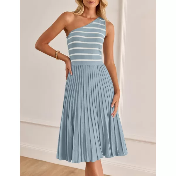 imageZESICA Womens Summer Casual One Shoulder Midi Dresses 2024 Spring Sleeveless Striped Knit Pleated A Line Flowy Long DressBlue