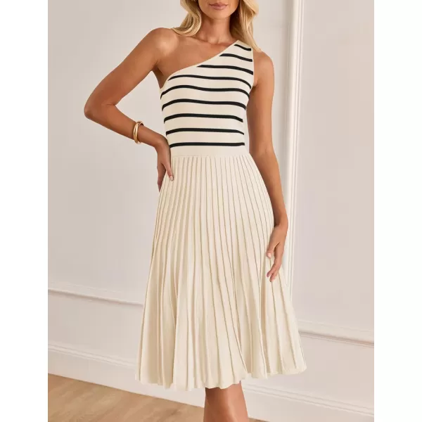 imageZESICA Womens Summer Casual One Shoulder Midi Dresses 2024 Spring Sleeveless Striped Knit Pleated A Line Flowy Long DressCream