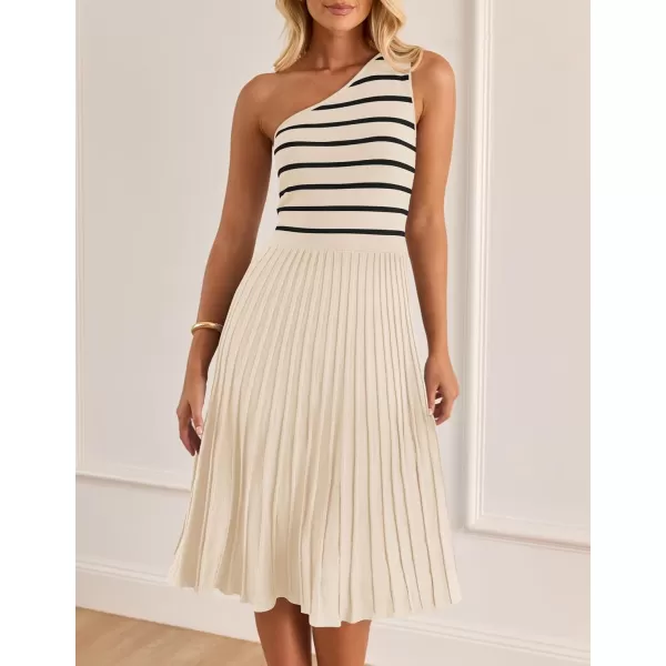 imageZESICA Womens Summer Casual One Shoulder Midi Dresses 2024 Spring Sleeveless Striped Knit Pleated A Line Flowy Long DressCream