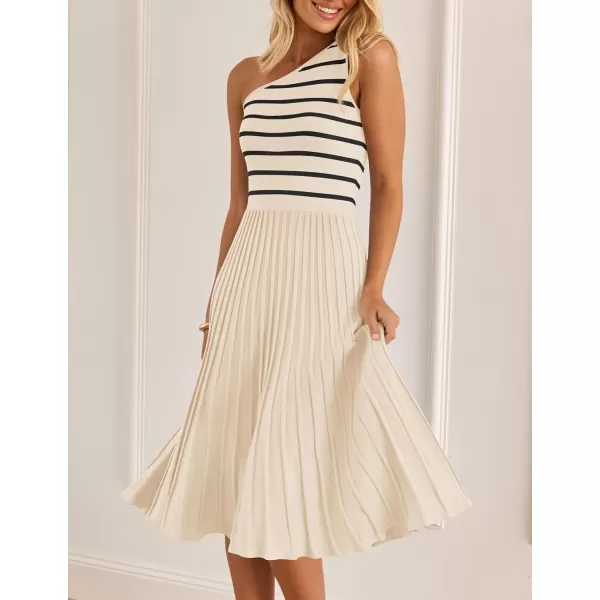 imageZESICA Womens Summer Casual One Shoulder Midi Dresses 2024 Spring Sleeveless Striped Knit Pleated A Line Flowy Long DressCream