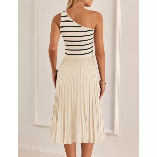 imageZESICA Womens Summer Casual One Shoulder Midi Dresses 2024 Spring Sleeveless Striped Knit Pleated A Line Flowy Long DressCream