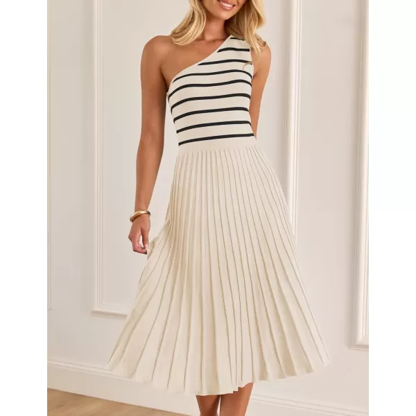 imageZESICA Womens Summer Casual One Shoulder Midi Dresses 2024 Spring Sleeveless Striped Knit Pleated A Line Flowy Long DressCream