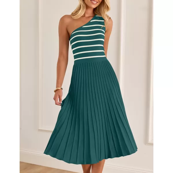 imageZESICA Womens Summer Casual One Shoulder Midi Dresses 2024 Spring Sleeveless Striped Knit Pleated A Line Flowy Long DressGreen