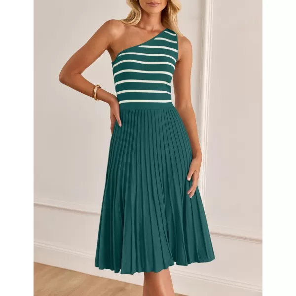 imageZESICA Womens Summer Casual One Shoulder Midi Dresses 2024 Spring Sleeveless Striped Knit Pleated A Line Flowy Long DressGreen