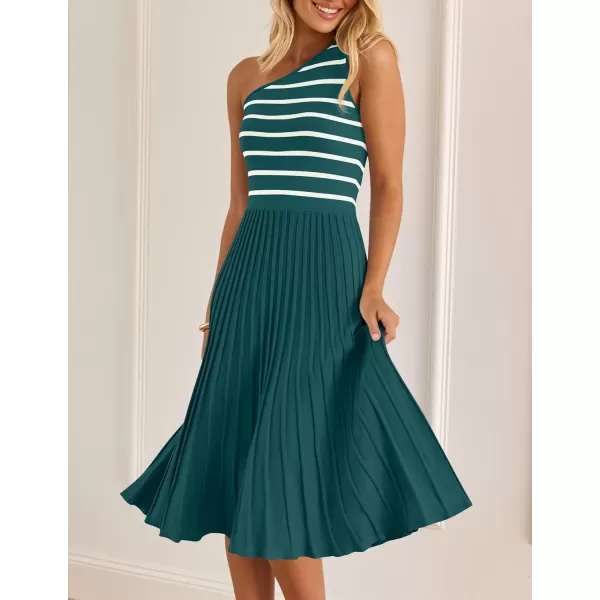 imageZESICA Womens Summer Casual One Shoulder Midi Dresses 2024 Spring Sleeveless Striped Knit Pleated A Line Flowy Long DressGreen