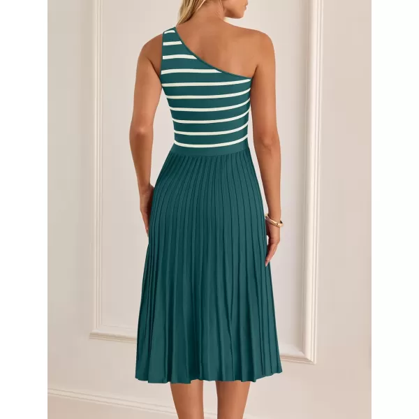imageZESICA Womens Summer Casual One Shoulder Midi Dresses 2024 Spring Sleeveless Striped Knit Pleated A Line Flowy Long DressGreen