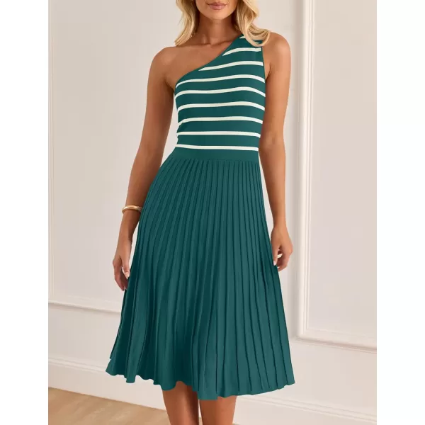 imageZESICA Womens Summer Casual One Shoulder Midi Dresses 2024 Spring Sleeveless Striped Knit Pleated A Line Flowy Long DressGreen