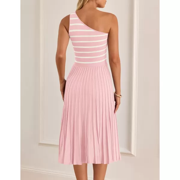 imageZESICA Womens Summer Casual One Shoulder Midi Dresses 2024 Spring Sleeveless Striped Knit Pleated A Line Flowy Long DressLightpink