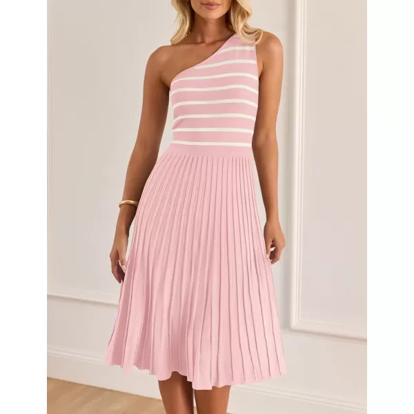 imageZESICA Womens Summer Casual One Shoulder Midi Dresses 2024 Spring Sleeveless Striped Knit Pleated A Line Flowy Long DressLightpink