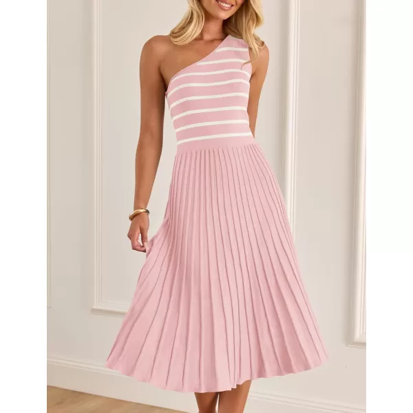 imageZESICA Womens Summer Casual One Shoulder Midi Dresses 2024 Spring Sleeveless Striped Knit Pleated A Line Flowy Long DressLightpink