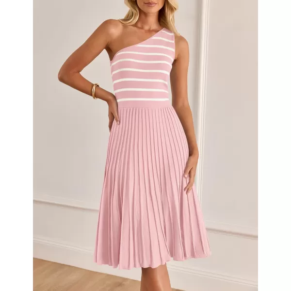 imageZESICA Womens Summer Casual One Shoulder Midi Dresses 2024 Spring Sleeveless Striped Knit Pleated A Line Flowy Long DressLightpink