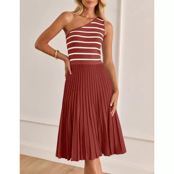 imageZESICA Womens Summer Casual One Shoulder Midi Dresses 2024 Spring Sleeveless Striped Knit Pleated A Line Flowy Long DressVermilion