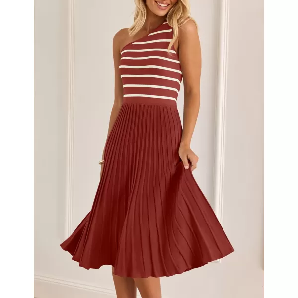 imageZESICA Womens Summer Casual One Shoulder Midi Dresses 2024 Spring Sleeveless Striped Knit Pleated A Line Flowy Long DressVermilion