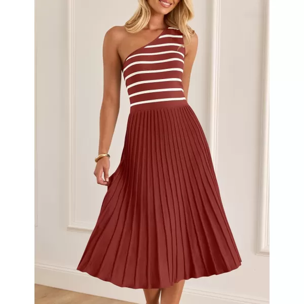 imageZESICA Womens Summer Casual One Shoulder Midi Dresses 2024 Spring Sleeveless Striped Knit Pleated A Line Flowy Long DressVermilion