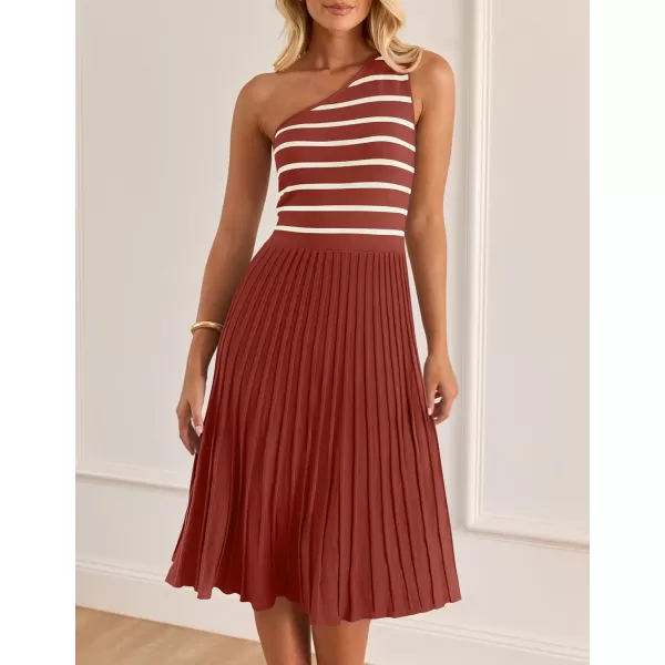 imageZESICA Womens Summer Casual One Shoulder Midi Dresses 2024 Spring Sleeveless Striped Knit Pleated A Line Flowy Long DressVermilion