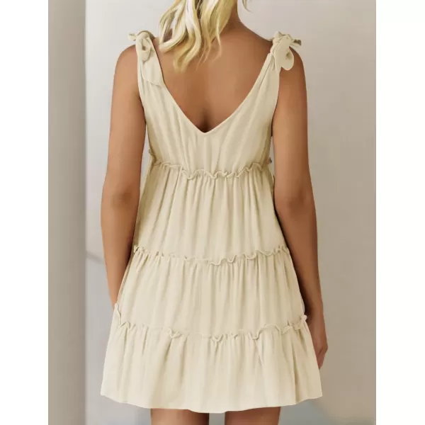 imageZESICA Womens Summer Casual V Neck Sleeveless Mini Dress 2024 Tie Shoulder Tiered Ruffle Swing A Line Short SundressesApricot