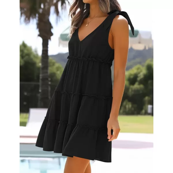 imageZESICA Womens Summer Casual V Neck Sleeveless Mini Dress 2024 Tie Shoulder Tiered Ruffle Swing A Line Short SundressesBlack