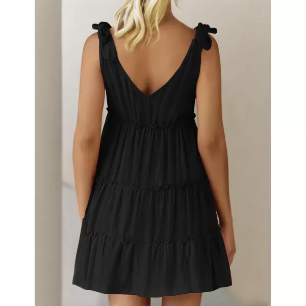 imageZESICA Womens Summer Casual V Neck Sleeveless Mini Dress 2024 Tie Shoulder Tiered Ruffle Swing A Line Short SundressesBlack