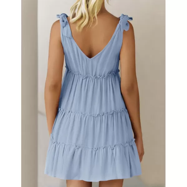 imageZESICA Womens Summer Casual V Neck Sleeveless Mini Dress 2024 Tie Shoulder Tiered Ruffle Swing A Line Short SundressesBlue